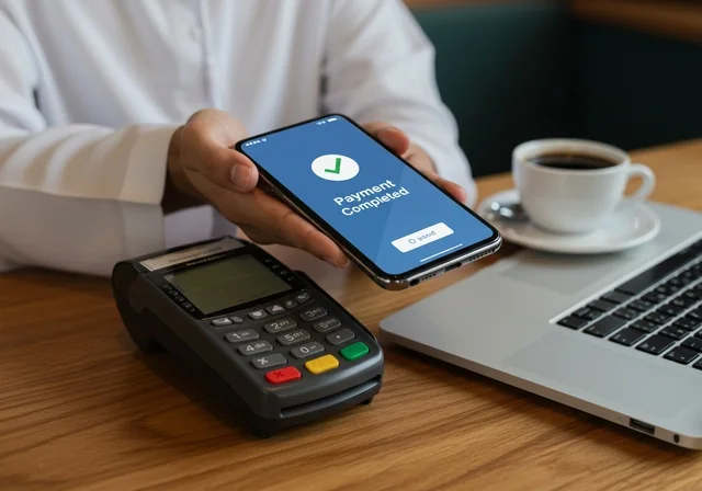 Time to sit with oneself and relax in a coffee shop, a close-up image of a Saudi Arabian Gulf man making an electronic payment using a credit card, paying the coffee bill in an upscale café, the ease of payment via the ATM card.