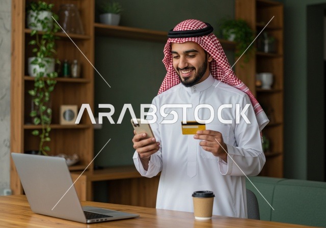 التسوق عبر الانترنت من المحلات والمتاجر الالكترونية، خدمة التسوق الأونلاين، استخدام التقنيات الحديثة والمتطورة، رجل عربي خليجي سعودي يرتدي الثوب والشماغ التقليدي يقوم بالعمل على تطبيقات الهاتف المحمول لشراء المنتجات والدفع باستخدام البطاقة البنكية