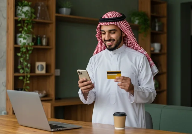 التسوق عبر الانترنت من المحلات والمتاجر الالكترونية، خدمة التسوق الأونلاين، استخدام التقنيات الحديثة والمتطورة، رجل عربي خليجي سعودي يرتدي الثوب والشماغ التقليدي يقوم بالعمل على تطبيقات الهاتف المحمول لشراء المنتجات والدفع باستخدام البطاقة البنكية