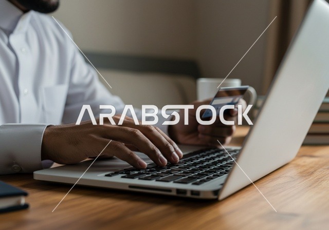 التسوق عبر الانترنت من المحلات والمتاجر الالكترونية، خدمة التسوق الأونلاين، استخدام التقنيات الحديثة والمتطورة، رجل عربي خليجي سعودي يقوم بالعمل على تطبيقات الحاسوب المحمول في شراء المنتجات والدفع باستخدام البطاقة البنكية