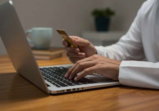 Online shopping from stores and electronic shops, online shopping service, using modern and advanced technologies, a Saudi Gulf Arab man working on laptop applications to purchase products and pay using a bank card.