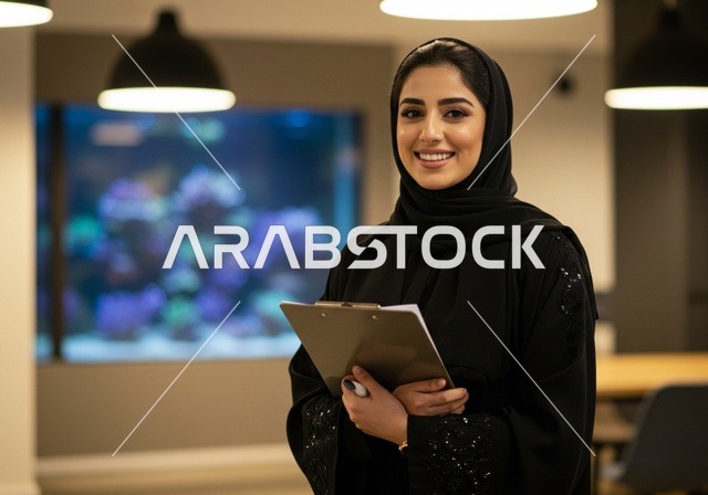 الوقف بثقة وحمل مجلد للأوراق، بيئة العمل المريحة في الشركات الراقية، متابعة وتطوير العمل في الشركات السعودية, موظفة سعودية خليجية عربية تقف داخل المكتب, الاستفسارات و الرد على الأسئلة, فكر المرأة العربية العاملة والناجحة