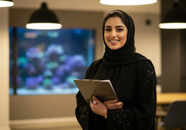 Standing confidently and carrying a folder of papers, comfortable work environment in upscale companies, follow-up and development of work in Saudi companies, a Saudi Gulf Arab female employee standing inside the office, inquiries and answering questions, the thinking of the working and successful Arab woman