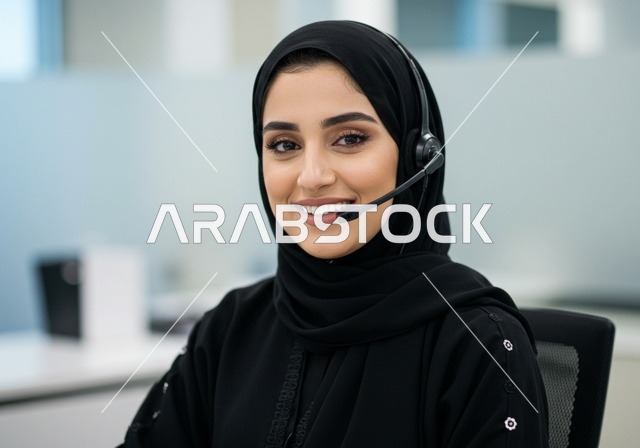 بيئة العمل المريحة في الشركات الراقية. متابعة وتطوير العمل في الشركات السعودية, موظفة سعودية خليجية تعمل في خدمة العملاء داخل المكتب و ترتدي سماعة للتواصل مع العملاء, الاستفسارات و الرد على الأسئلة, مكالمات فيديو خلال اجتماع العمل