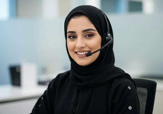 بيئة العمل المريحة في الشركات الراقية. متابعة وتطوير العمل في الشركات السعودية, موظفة سعودية خليجية تعمل في خدمة العملاء داخل المكتب و ترتدي سماعة للتواصل مع العملاء, الاستفسارات و الرد على الأسئلة, مكالمات فيديو خلال اجتماع العمل