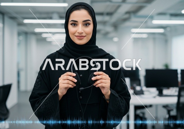 الاستفسارات والرد على الأسئلة، إمرأة عربية خليجية سعودية ترتدي الحجاب والعباءة السوداء تمسك بيدها سماعة رأس، الاستفسارات والرد على الأسئلة، متابعة وتطوير العمل في الشركات السعودية, التواصل مع العملاء في مجال خدمة العملاء داخل المكتب