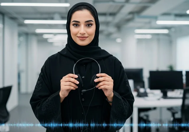 الاستفسارات والرد على الأسئلة، إمرأة عربية خليجية سعودية ترتدي الحجاب والعباءة السوداء تمسك بيدها سماعة رأس، الاستفسارات والرد على الأسئلة، متابعة وتطوير العمل في الشركات السعودية, التواصل مع العملاء في مجال خدمة العملاء داخل المكتب