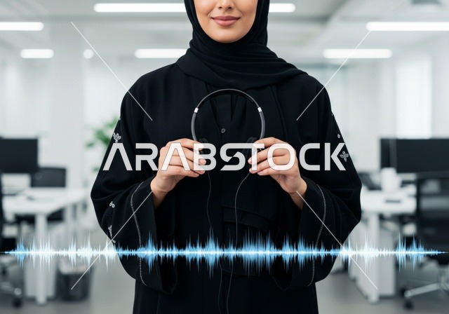 الاستفسارات والرد على الأسئلة،  صورة مقربة لإمرأة عربية خليجية سعودية ترتدي العباءة السوداء تمسك بيدها سماعة رأس، الاستفسارات والرد على الأسئلة، تطوير العمل في الشركات السعودية, التواصل مع العملاء في مجال خدمة العملاء داخل المكتب