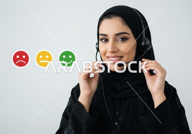 العمل في مجال خدمة العملاء، النظر إلى الكاميرا بتعابير السرور، بورتريه لإمرأة عربية خليجية سعودية ترتدي الحجاب والعباءة السوداء وسماعة رأس تقوم انهاء المهام اليومية، أيقونات تعبيرية أهمية رضا العملاء،خلفية بيضاء