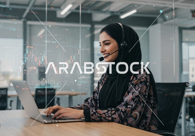 متابعة وتطوير العمل في الشركات السعودية, التواصل مع العملاء في مجال خدمة العملاء داخل المكتب، إمرأة عربية خليجية سعودية ترتدي الحجاب والعباءة السوداء وسماعة رأس تقوم بانهاء المهام اليومية، الاستفسارات والرد على الأسئلة