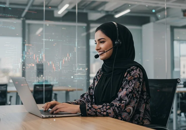 Follow-up and development of work in Saudi companies, communicating with customers in the field of customer service within the office, a Saudi Arabian Gulf woman wearing a hijab, a black abaya, and a headset completing daily tasks, inquiries, and answering questions