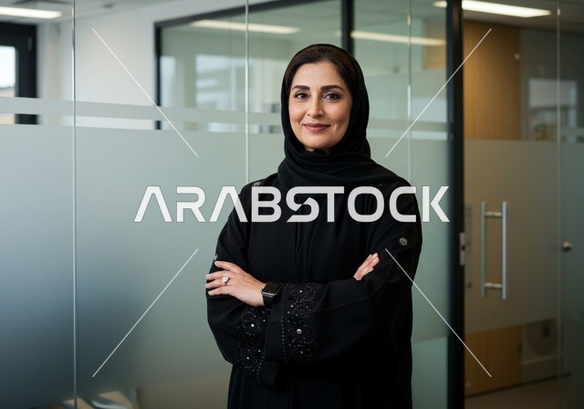 الوقف بأيدي متقاطعة موظفة داخل مكتب بايماءات الجدية والثقة بالنفس، بيئة العمل المريحة في الشركات الراقية، متابعة وتطوير العمل في الشركات السعودية, موظفة سعودية خليجية عربية ترتدي الحجاب والعباءة تنظر إلى الكاميرا، فكر المرأة العربية العاملة والناجحة