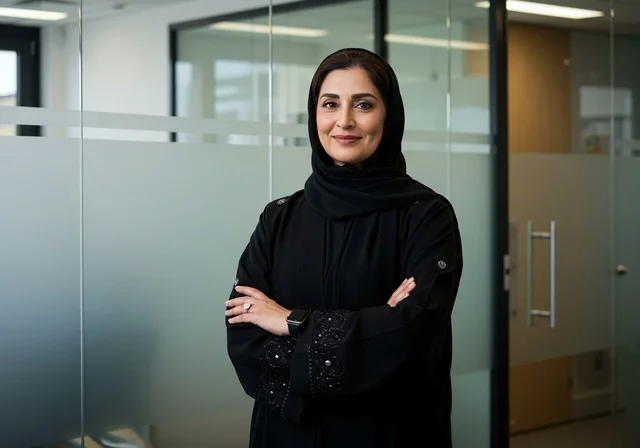 الوقف بأيدي متقاطعة موظفة داخل مكتب بايماءات الجدية والثقة بالنفس، بيئة العمل المريحة في الشركات الراقية، متابعة وتطوير العمل في الشركات السعودية, موظفة سعودية خليجية عربية ترتدي الحجاب والعباءة تنظر إلى الكاميرا، فكر المرأة العربية العاملة والناجحة