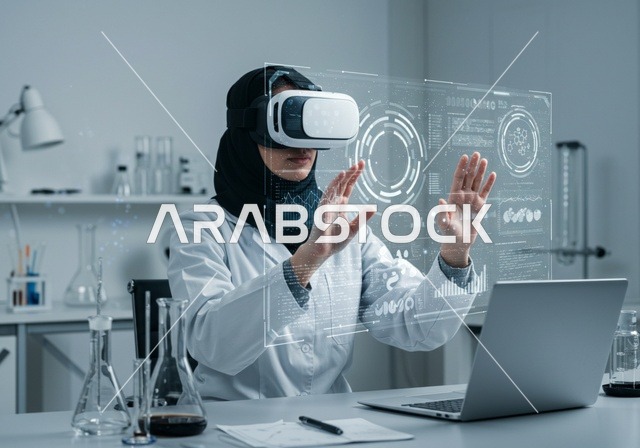 دمج التكنولوجيا مع البحث العلمي، باحثة عربية سعودية خليجية ترتدي حجاب والمئزر الأبيض تضع نظارة ثلاثية الأبعاد، داخل مختبر علمي حديث، أمامها على الطاولة حاسب محمول، التركيز بالكامل على العالم الرقمي، الأشارة والتفاعل مع بيانات ورسوم بيانية ثلاثيات الأبعاد