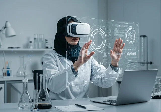 دمج التكنولوجيا مع البحث العلمي، باحثة عربية سعودية خليجية ترتدي حجاب والمئزر الأبيض تضع نظارة ثلاثية الأبعاد، داخل مختبر علمي حديث، أمامها على الطاولة حاسب محمول، التركيز بالكامل على العالم الرقمي، الأشارة والتفاعل مع بيانات ورسوم بيانية ثلاثيات الأبعاد