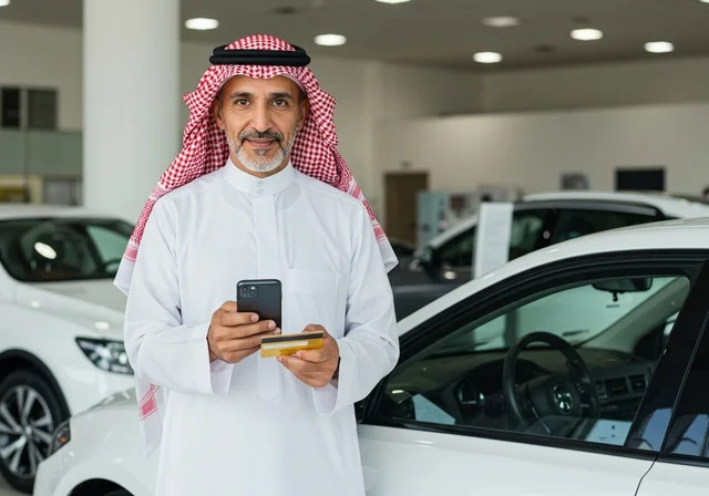 دفع حساب السيارة في مقهى راقي ، رجل عربي خليجي سعودي يرتدي الثوب والشماغ التقليدي يقوم بالدفع  بطريقة الكترونية بإستخدام بطاقة الإئتمان البنكية ، سهولة الدفع عبر بطاقة الصراف
