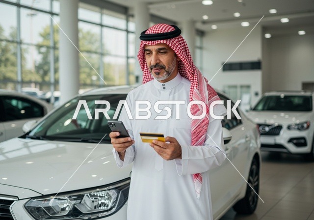 دفع حساب السيارة  ، رجل عربي خليجي سعودي يرتدي الثوب والشماغ التقليدي يقوم بالدفع  بطريقة الكترونية بإستخدام بطاقة الإئتمان البنكية ، سهولة الدفع عبر بطاقة الصراف