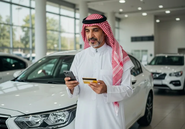 دفع حساب السيارة  ، رجل عربي خليجي سعودي يرتدي الثوب والشماغ التقليدي يقوم بالدفع  بطريقة الكترونية بإستخدام بطاقة الإئتمان البنكية ، سهولة الدفع عبر بطاقة الصراف
