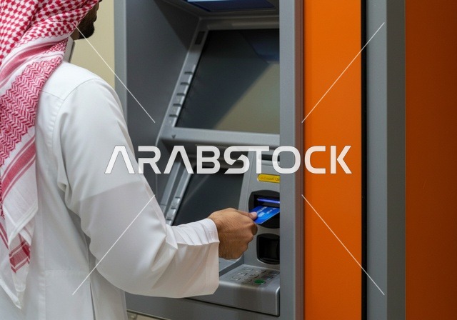 The use of advanced modern technology, a side view of a Saudi Arabian Gulf man wearing a ghutrah and traditional thobe inserting a credit card into an ATM, the ease and ability to withdraw cash, pay, and shop using bank cards.