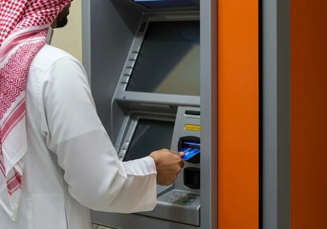 The use of advanced modern technology, a side view of a Saudi Arabian Gulf man wearing a ghutrah and traditional thobe inserting a credit card into an ATM, the ease and ability to withdraw cash, pay, and shop using bank cards.