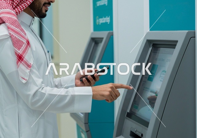 The use of advanced modern technology, a side view of a Saudi Arabian Gulf man wearing a ghutrah and traditional thobe inserting a credit card into an ATM, the ease and ability to withdraw cash, pay, and shop using bank cards.
