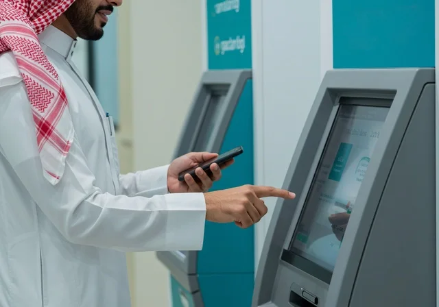 استخدام التقنية الحديثة المتطورة، صورة من الجانب لرجل عربي خليجي سعودي يرتدي الشماغ و الثوب التقليدي يقوم بإدخال البطاقة الائتمانية في ماكينة الصراف الآلي، سهولة وإمكانية سحب النقود، الدفع والشراء من خلال البطاقات البنكية