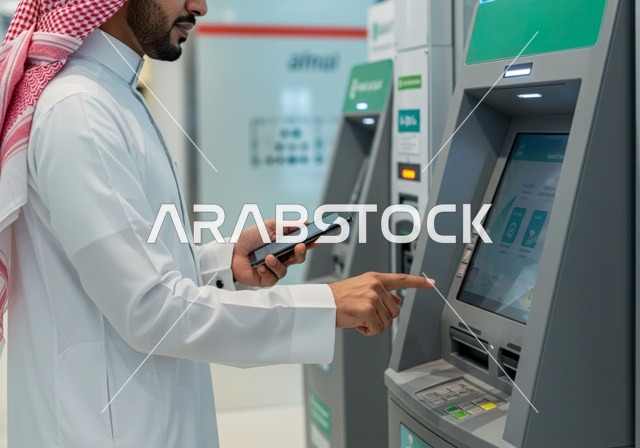 استخدام التقنية الحديثة المتطورة، صورة من الجانب لرجل عربي خليجي سعودي يرتدي الشماغ و الثوب التقليدي يقوم بإدخال البطاقة الائتمانية في ماكينة الصراف الآلي، سهولة وإمكانية سحب النقود، الدفع والشراء من خلال البطاقات البنكية