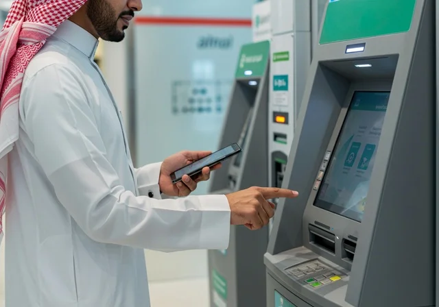 استخدام التقنية الحديثة المتطورة، صورة من الجانب لرجل عربي خليجي سعودي يرتدي الشماغ و الثوب التقليدي يقوم بإدخال البطاقة الائتمانية في ماكينة الصراف الآلي، سهولة وإمكانية سحب النقود، الدفع والشراء من خلال البطاقات البنكية