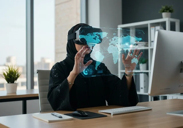 Integrating technology with scientific research, studying geographical locations through modern techniques, wearing virtual reality glasses, using VR technology, an Arab Saudi Gulf woman wearing a hijab and a black abaya interacting with the virtual world during the day, focusing on the digital world.