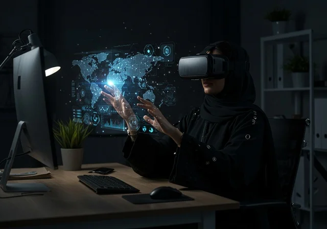Studying geographical locations through modern technologies, wearing virtual reality glasses, using VR technology, an Arab Saudi Gulf woman wearing a hijab and a black abaya interacting with the virtual world in a dark room, merging technology with scientific research, focusing on the digital world.