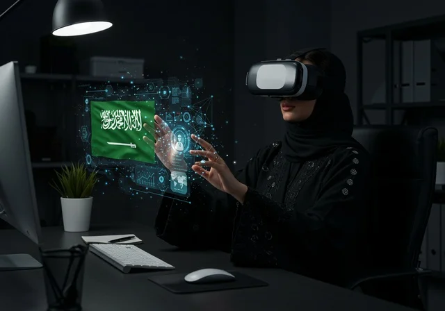 ارتداء نظارات الواقع الافتراضي, استخدام التقنيات الحديثة والمتطورة,  استخدام تقنية الفي آر، إمرأة عربية سعودية خليجية ترتدي حجاب وعباءة سوداء تتفاعل مع العالم الافتراضي ظهور العلم السعودي الأخضر، دمج التكنولوجيا مع البحث العلمي، التركيز على العالم الرقمي
