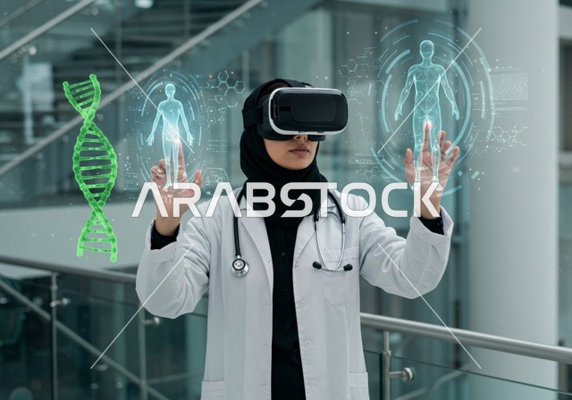 The complete focus on the digital world, signaling and interacting with the analysis and study of DNA and the world of genetics, an Arab Saudi Gulf researcher wearing a hijab and a white lab coat, wearing 3D glasses, standing inside a modern scientific laboratory, integrating technology with scientific research.
