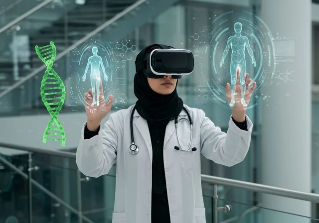 التركيز بالكامل على العالم الرقمي، الأشارة والتفاعل مع تحليل ودراسة الحمض النووي وعالم الوراثة، باحثة عربية سعودية خليجية ترتدي حجاب والمئزر الأبيض تضع نظارة ثلاثية الأبعاد، تقف داخل مختبر علمي حديث، ، دمج التكنولوجيا مع البحث العلمي