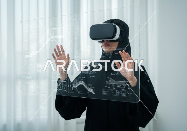 التفاعل ومحاكاة العالم الخيالي, تقنيات حديثة الكترونية وأجهزة تكنولوجية، استخدام تقنية الفي آر، باحثة عربية سعودية خليجية ترتدي حجاب والعباءة تضع نظارة ثلاثية الأبعاد، دمج التكنولوجيا مع البحث العلمي، التركيز بالكامل على العالم الرقمي