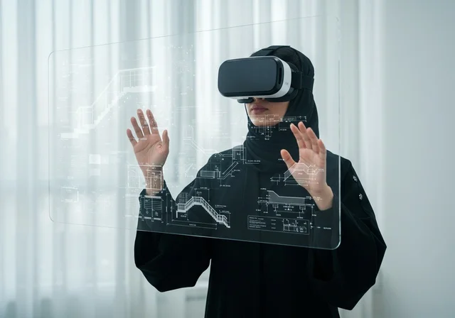 التفاعل ومحاكاة العالم الخيالي, تقنيات حديثة الكترونية وأجهزة تكنولوجية، استخدام تقنية الفي آر، باحثة عربية سعودية خليجية ترتدي حجاب والعباءة تضع نظارة ثلاثية الأبعاد، دمج التكنولوجيا مع البحث العلمي، التركيز بالكامل على العالم الرقمي