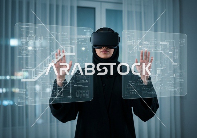 تقنيات حديثة الكترونية وأجهزة تكنولوجية، استخدام تقنية الفي آر، باحثة عربية سعودية خليجية ترتدي حجاب والعباءة تضع نظارة ثلاثية الأبعاد، تقف داخل مختبر علمي حديث، ، دمج التكنولوجيا مع البحث العلمي، التركيز بالكامل على العالم الرقمي