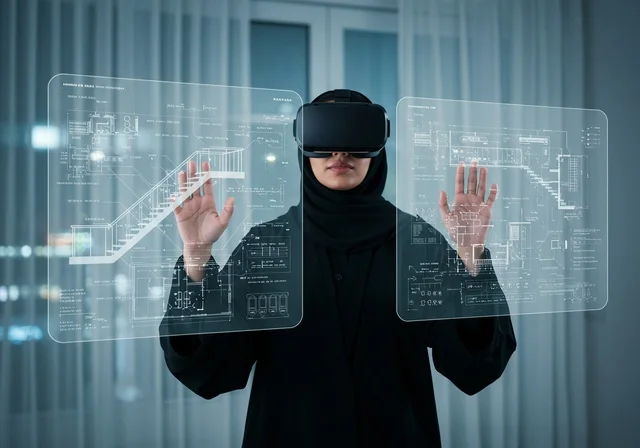 Modern electronic technologies and technological devices, using VR technology, a Saudi Arabian Gulf researcher wearing a hijab and a white lab coat, wearing 3D glasses, standing inside a modern scientific laboratory, integrating technology with scientific research, fully focused on the digital world.