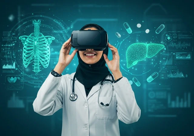 مسك النظارة ثلاثية الأبعاد ودراسة أعضاء الجسم من خلال بيانات العالم الافتراضي، باحثة عربية سعودية خليجية ترتدي حجاب والمئزر الأبيض تضع نظارة ثلاثية الأبعاد، داخل مختبر علمي حديث، التركيز بالكامل على العالم الرقمي، دمج التكنولوجيا مع البحث العلمي