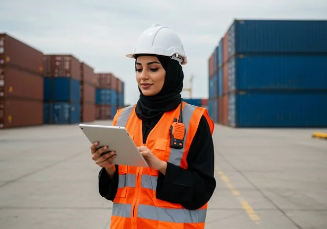 انجاز المهام اليومية من خلال التقنيات الحديثة، صورة مقربة لمهندسة معمارية عربية سعودية خليجية تحمل بيدها جهاز لوحي(تابلت) ، مهندسة انشاءات محجبة ترتدي بدلة السلامة في العمل ،  إعطاء أوامر خاصة بالعمل