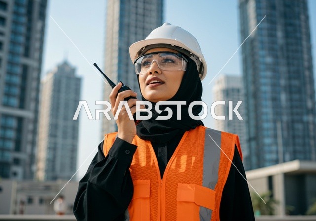 إعطاء أوامر خاصة بالعمل، صورة مقربة لمهندسة عربية سعودية خليجية تحمل بيدها جهاز الإرسال والإستقبال اللاسلكي ، مهندسة انشاءات محجبة ترتدي بدلة السلامة في العمل
