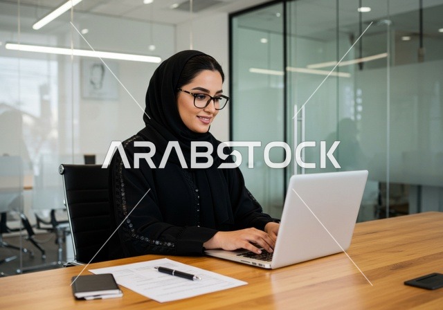 مهنة ووظيفة نسائية، إمرأة عربية خليجية سعودية محجبة ترتدي عباءة سوداء تجلس خلف الطاولة، سيدة سعودية تستخدم الحاسوب في المكتب، استخدام جهاز تقني حديث ومتطور، ايماءات التركيز والاندماج، ادارة الأعمال وانجاز المهام المطلوبة