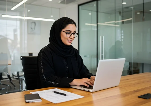 مهنة ووظيفة نسائية، إمرأة عربية خليجية سعودية محجبة ترتدي عباءة سوداء تجلس خلف الطاولة، سيدة سعودية تستخدم الحاسوب في المكتب، استخدام جهاز تقني حديث ومتطور، ايماءات التركيز والاندماج، ادارة الأعمال وانجاز المهام المطلوبة