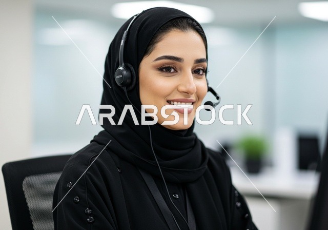 بيئة العمل المريحة في الشركات الراقية. متابعة وتطوير العمل في الشركات السعودية, موظفة سعودية خليجية تعمل في خدمة العملاء داخل المكتب و ترتدي سماعة للتواصل مع العملاء, الاستفسارات و الرد على الأسئلة, مكالمات فيديو خلال اجتماع العمل