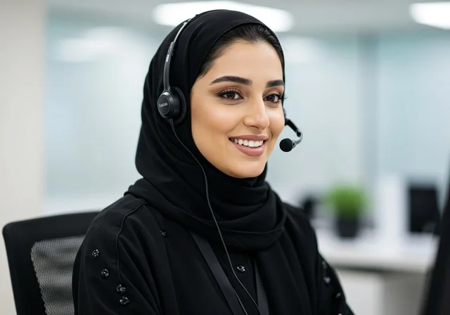 بيئة العمل المريحة في الشركات الراقية. متابعة وتطوير العمل في الشركات السعودية, موظفة سعودية خليجية تعمل في خدمة العملاء داخل المكتب و ترتدي سماعة للتواصل مع العملاء, الاستفسارات و الرد على الأسئلة, مكالمات فيديو خلال اجتماع العمل
