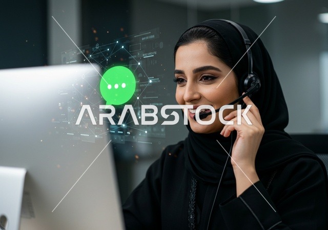 متابعة وتطوير العمل في الشركات السعودية, التواصل مع العملاء في مجال خدمة العملاء داخل المكتب، تعابير وجه ابتسامة ودودة، إمرأة عربية خليجية سعودية ترتدي الحجاب والعباءة السوداء وسماعة رأس تقوم بانهاء المهام اليومية، الاستفسارات والرد على الأسئلة