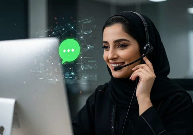 متابعة وتطوير العمل في الشركات السعودية, التواصل مع العملاء في مجال خدمة العملاء داخل المكتب، تعابير وجه ابتسامة ودودة، إمرأة عربية خليجية سعودية ترتدي الحجاب والعباءة السوداء وسماعة رأس تقوم بانهاء المهام اليومية، الاستفسارات والرد على الأسئلة