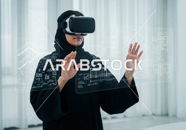 التفاعل ومحاكاة العالم الخيالي, تقنيات حديثة الكترونية وأجهزة تكنولوجية، استخدام تقنية الفي آر، باحثة عربية سعودية خليجية ترتدي حجاب والعباءة تضع نظارة ثلاثية الأبعاد، دمج التكنولوجيا مع البحث العلمي، التركيز بالكامل على العالم الرقمي
