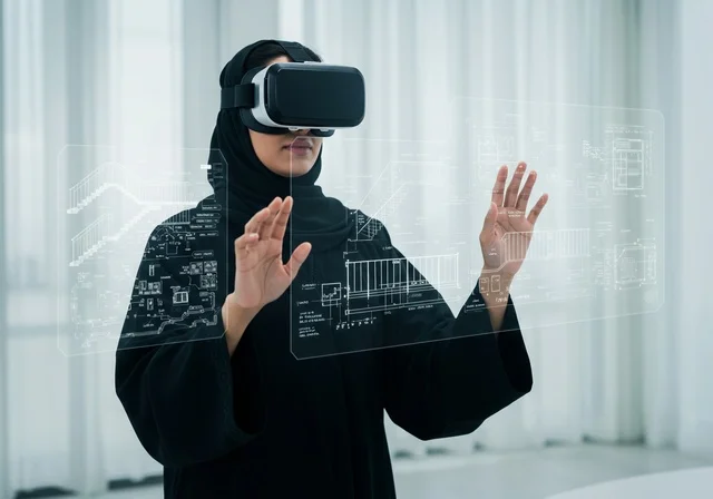 التفاعل ومحاكاة العالم الخيالي, تقنيات حديثة الكترونية وأجهزة تكنولوجية، استخدام تقنية الفي آر، باحثة عربية سعودية خليجية ترتدي حجاب والعباءة تضع نظارة ثلاثية الأبعاد، دمج التكنولوجيا مع البحث العلمي، التركيز بالكامل على العالم الرقمي