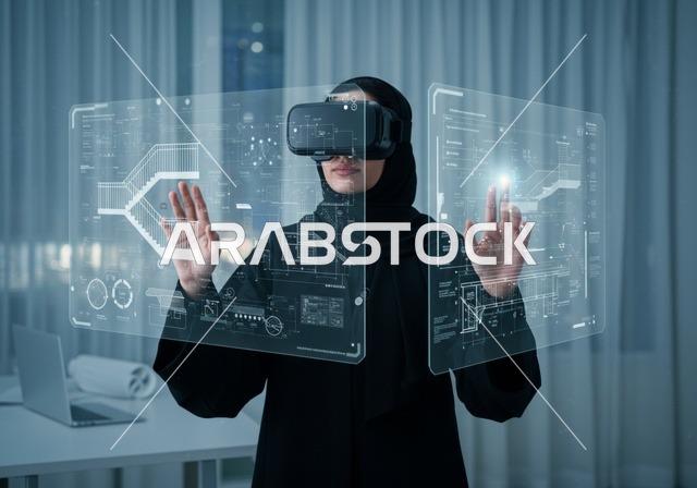 تقنيات حديثة الكترونية وأجهزة تكنولوجية، استخدام تقنية الفي آر، باحثة عربية سعودية خليجية ترتدي حجاب والعباءة تضع نظارة ثلاثية الأبعاد، تقف داخل مختبر علمي حديث، ، دمج التكنولوجيا مع البحث العلمي، التركيز بالكامل على العالم الرقمي