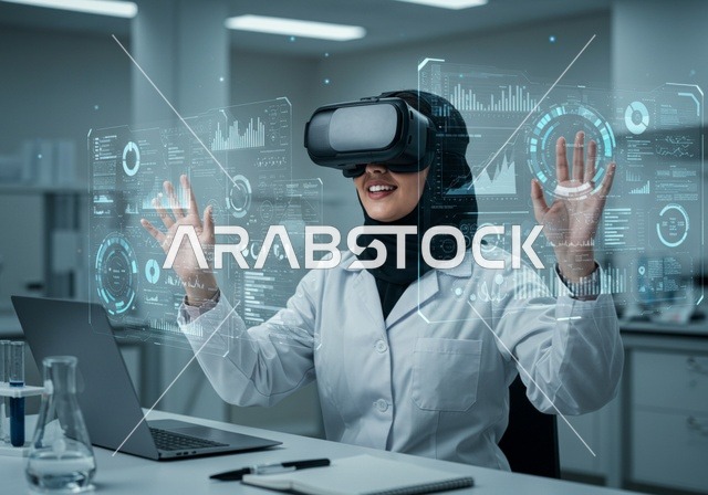 دمج التكنولوجيا مع البحث العلمي، باحثة عربية سعودية خليجية ترتدي حجاب والمئزر الأبيض تضع نظارة ثلاثية الأبعاد، داخل مختبر علمي حديث، أمامها على الطاولة حاسب محمول، التركيز بالكامل على العالم الرقمي، الأشارة والتفاعل مع بيانات ورسوم بيانية ثلاثيات الأبعاد